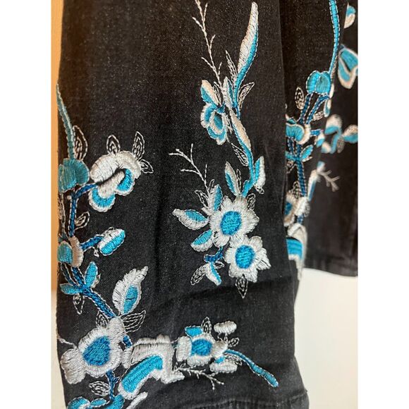 Denim & Co Bohochic Nvy Blue Denim Floral Embroidered Med Weight Zipper Jacket L - Picture 3 of 6